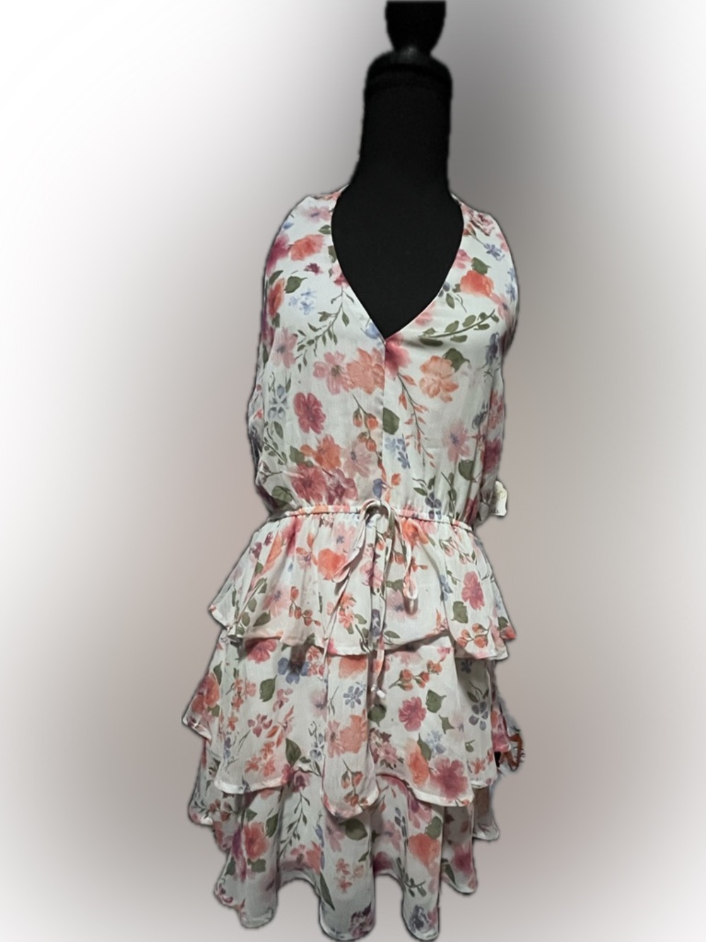 Altar'd State White Floral Tiered Ruffle Dress with Pink & Green Accents